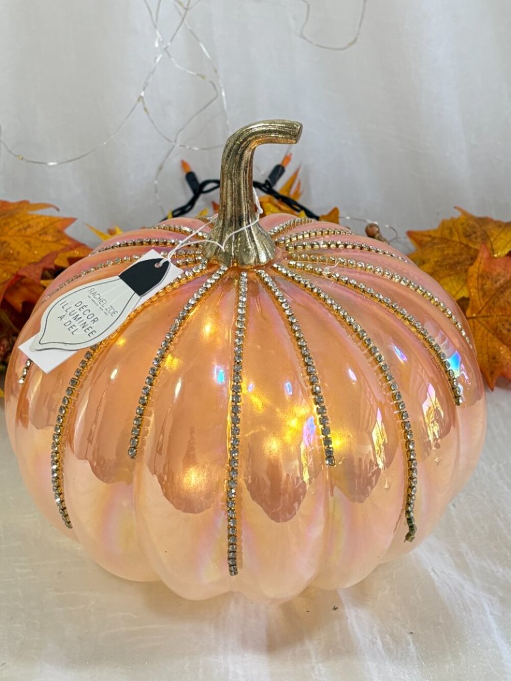 Rachel Zoe Ombre Orange White Jeweled  Opalescent Light up LED Glass Pumpkin
